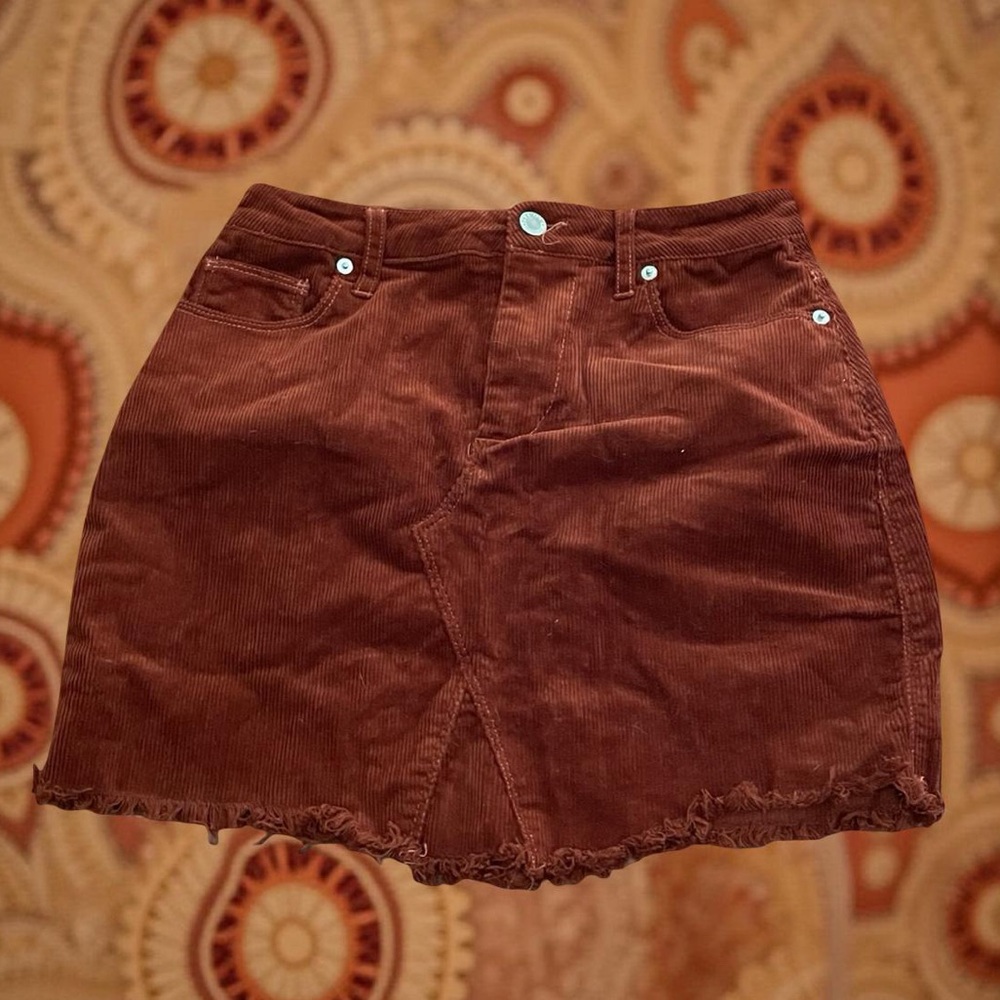 Love Tree rust corduroy mini skirt cotton spandex size SMALL belt loops 5 pocket - Picture 2 of 13